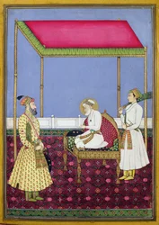 El emperador Aurangzeb en la vejez sentado en un trono, miniatura de un álbum Muraqqa, principios del siglo XVIII